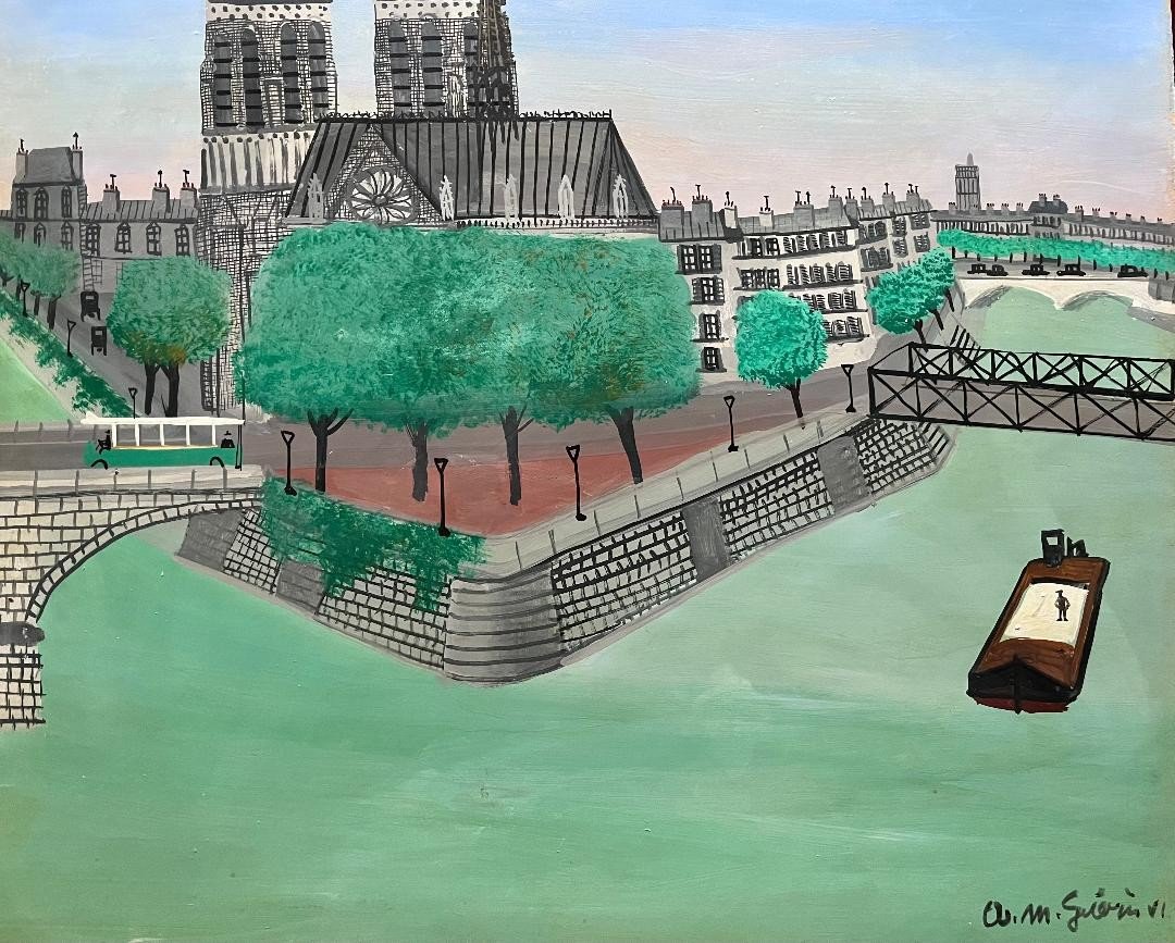 Tableau art Naif Paris  Notre Dame peinture naïve signée Armand Marie Guérin ( 1913-1983) 