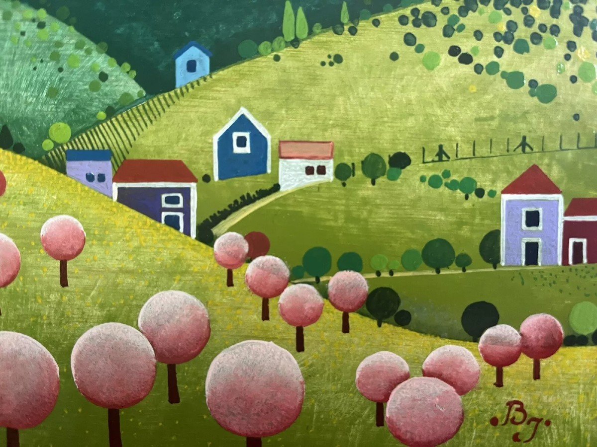 Tableau Art Naif Paysage Campagne Arbres Rose école Naïve Peinture Monogrammée à Attribuer-photo-1