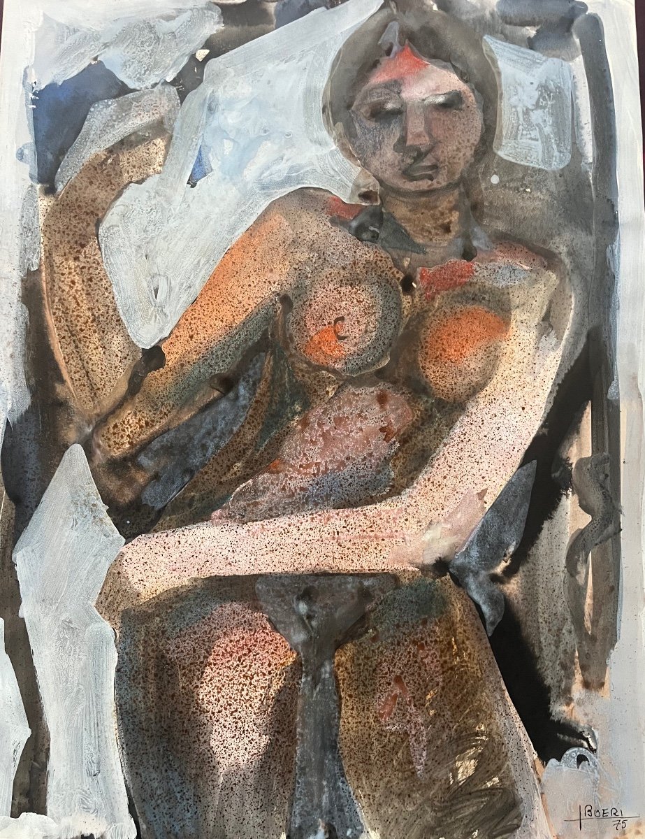 Aquarelle portrait de Femme Nue Onirisme Peinture Signée Jacques Boeri Datée  1975