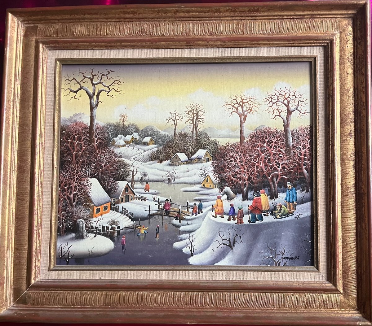 Tableau Na&iuml;f Paysage De Neige Anim&eacute;  &eacute;cole Na&iuml;ve Serbe Peinture Sign&eacute;e Dragan Mihailovic 1987-photo-2