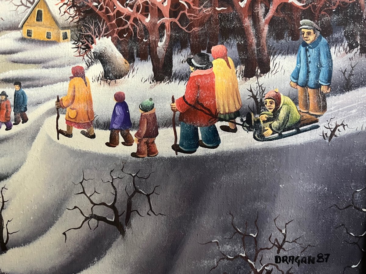 Tableau Na&iuml;f Paysage De Neige Anim&eacute;  &eacute;cole Na&iuml;ve Serbe Peinture Sign&eacute;e Dragan Mihailovic 1987-photo-4