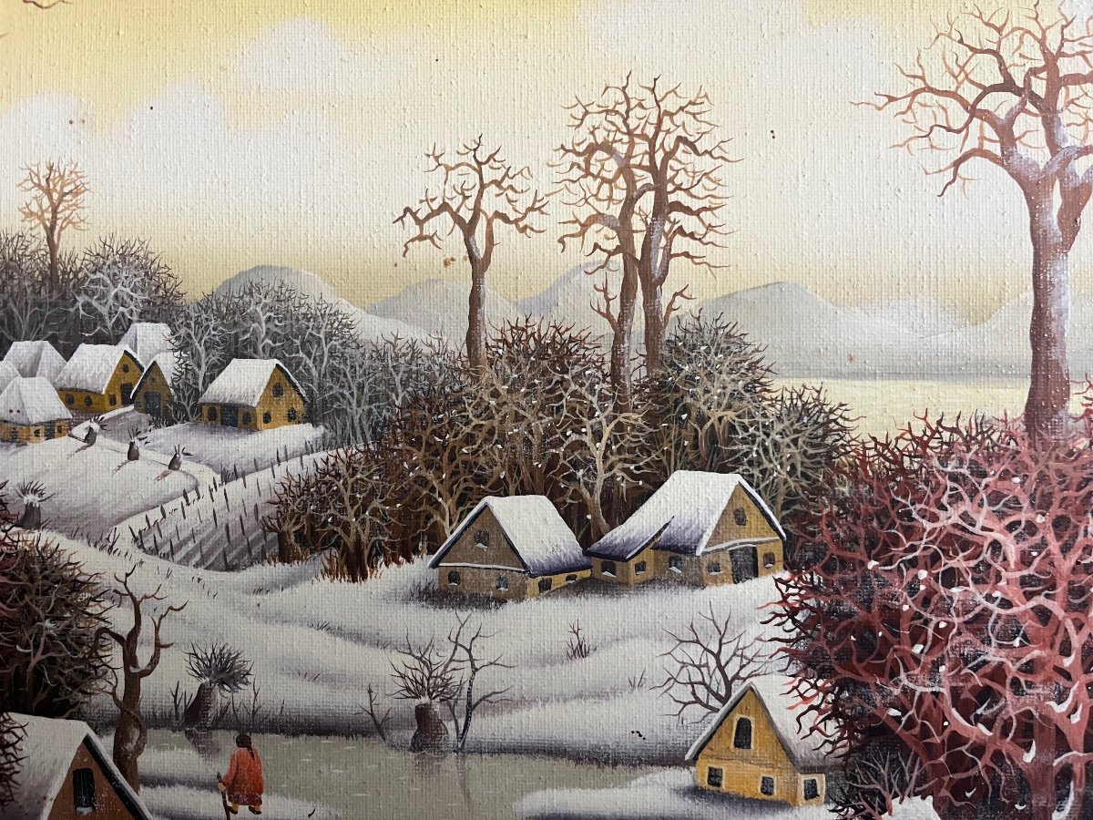 Tableau Na&iuml;f Paysage De Neige Anim&eacute;  &eacute;cole Na&iuml;ve Serbe Peinture Sign&eacute;e Dragan Mihailovic 1987-photo-1