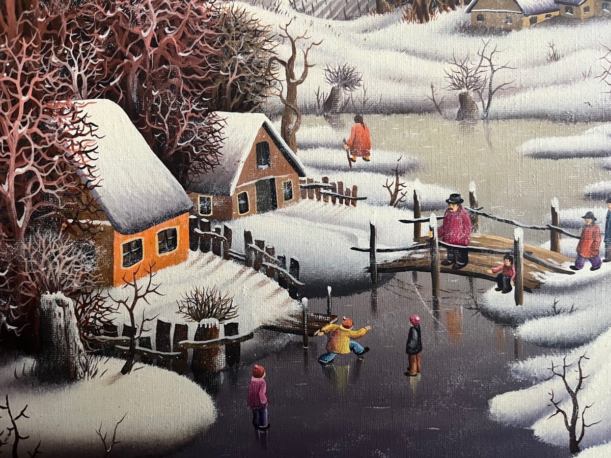Tableau Na&iuml;f Paysage De Neige Anim&eacute;  &eacute;cole Na&iuml;ve Serbe Peinture Sign&eacute;e Dragan Mihailovic 1987-photo-4