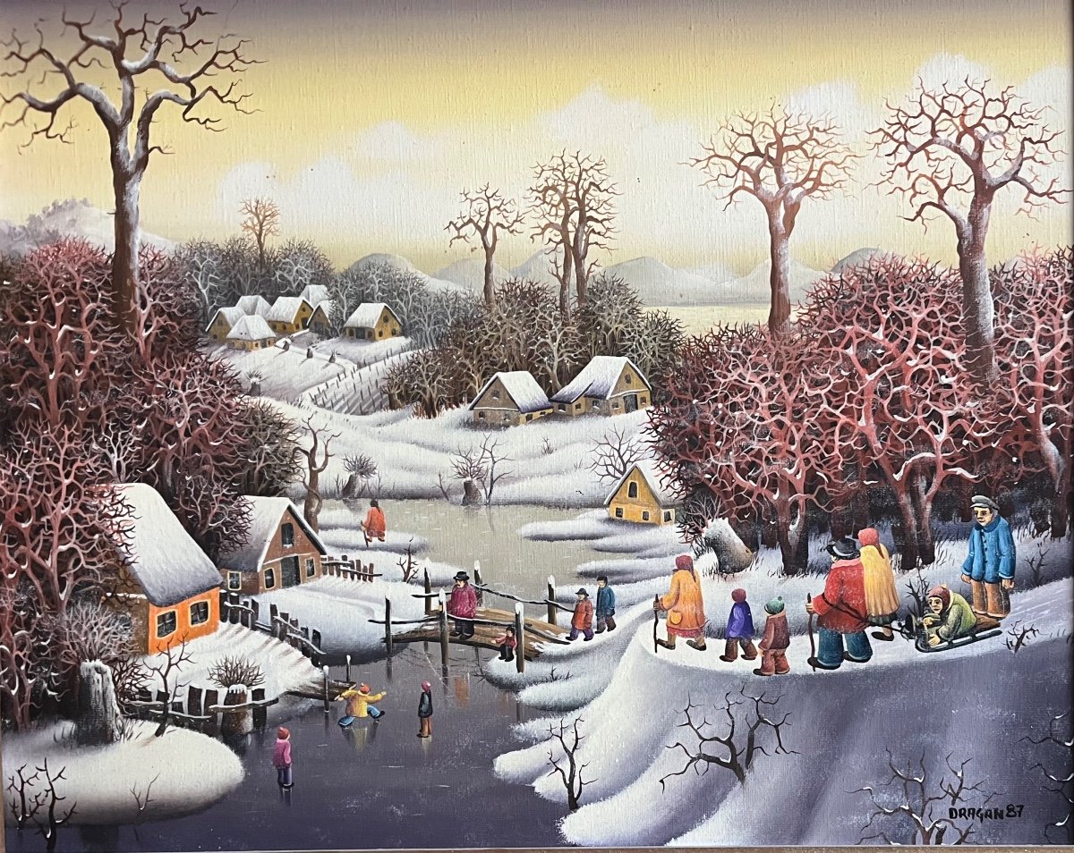 Tableau Na&iuml;f Paysage De Neige Anim&eacute;  &eacute;cole Na&iuml;ve Serbe Peinture Sign&eacute;e Dragan Mihailovic 1987
