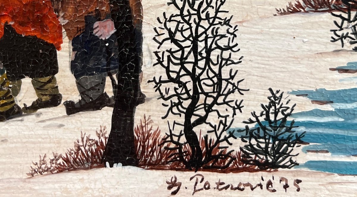 Naive Painting Yugoslavia Serbia Animated Snow Landscape Painting Signed Ljuba Petrovic 1975-photo-2