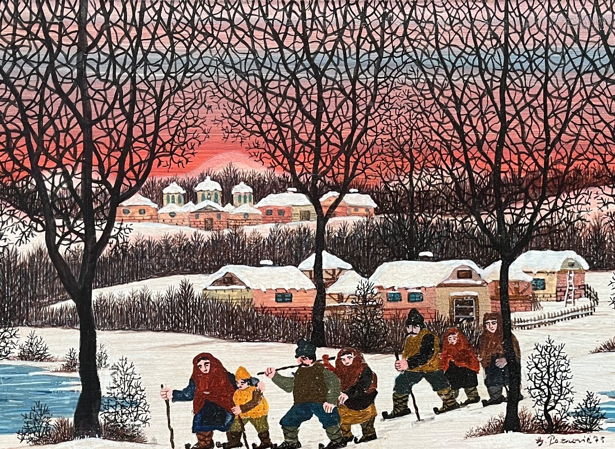 Naive Painting Yugoslavia Serbia Animated Snow Landscape Painting Signed Ljuba Petrovic 1975