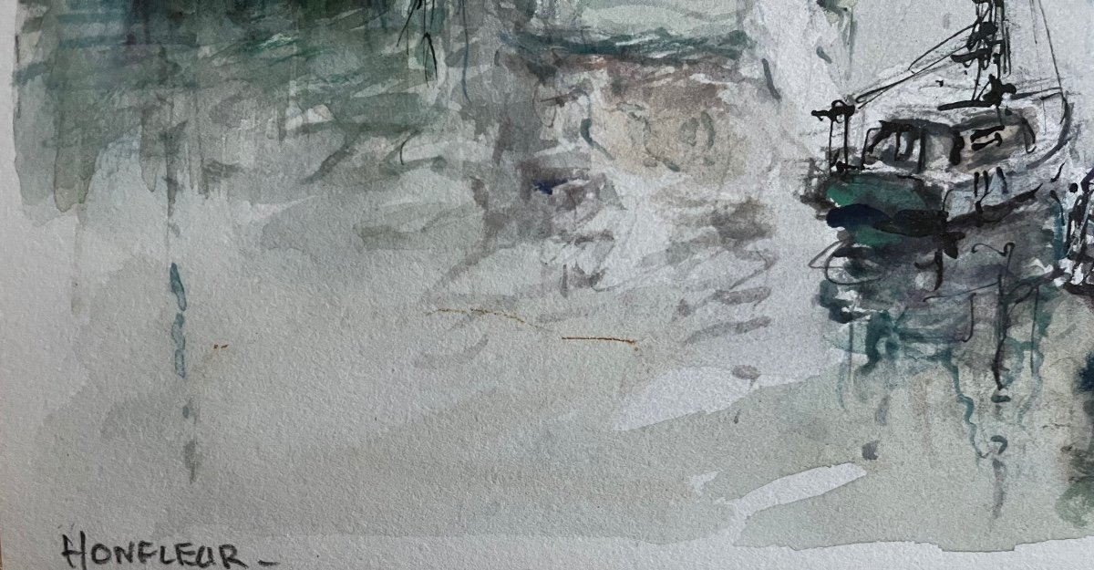Tableau Le Vieux Bassin D’honfleur Marine Bateaux Aquarelle Signée Denis Verspecht 1919-1996-photo-3
