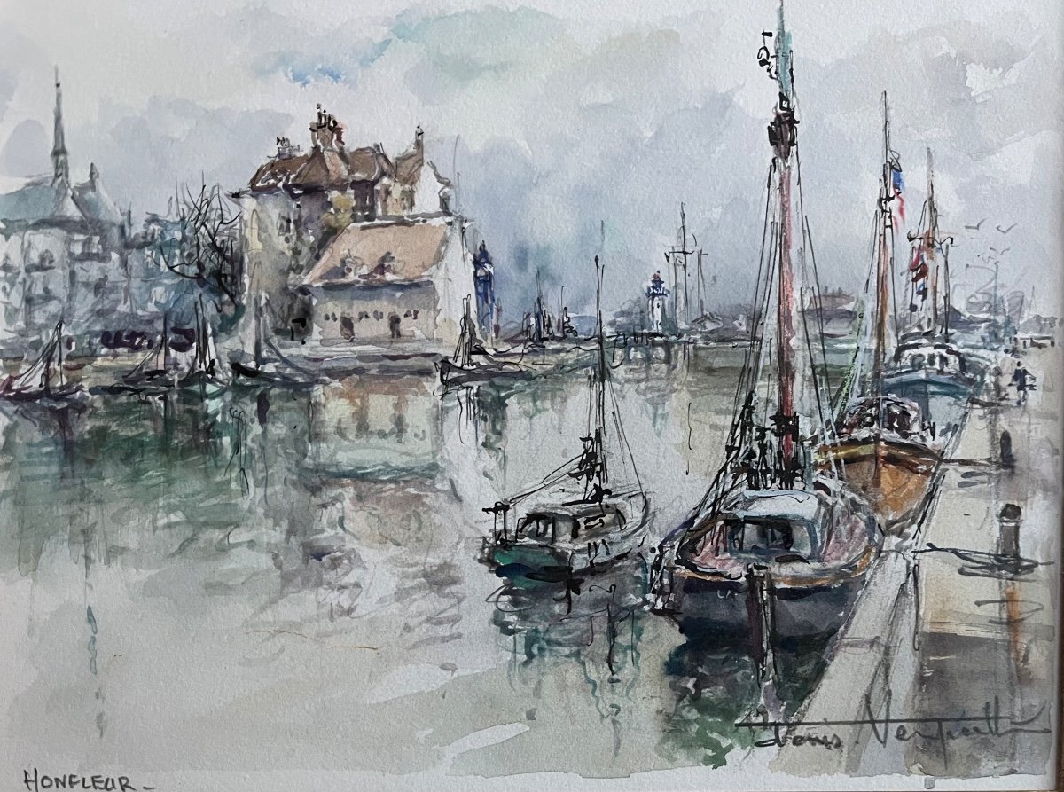 Tableau Le Vieux Bassin D’honfleur Marine Bateaux Aquarelle Signée Denis Verspecht 1919-1996