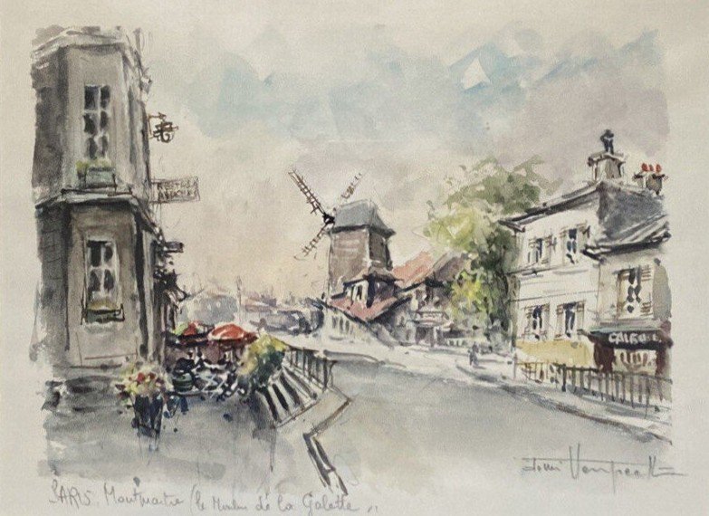 Tableau  - Paris Montmartre Moulin De La Galette Aquarelle Signée Denis Verspecht