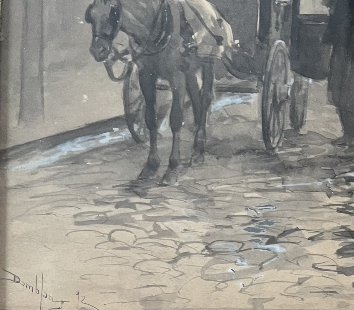 Painting 19th Century Paris Kiosk Fiacre Ink From 1892 Signed Eugène Damblanc Dit Damblans  -photo-2