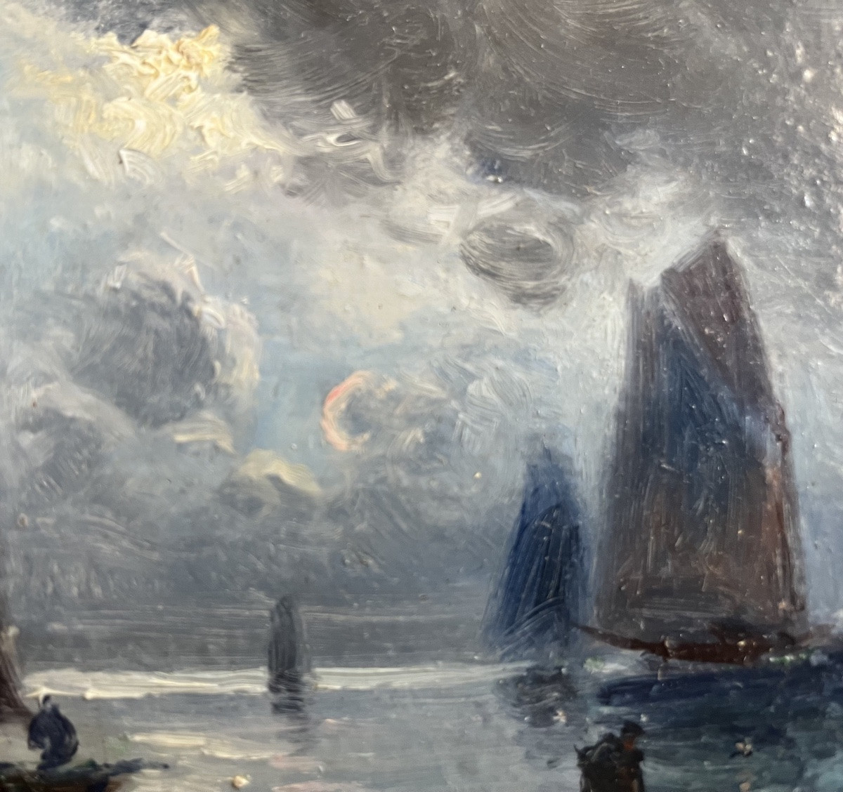 Tableau Marine Voiliers p&ecirc;cheurs Au Clair De Lune Peinture Sign&eacute;e Gaston Corbier  ( 1869-1945 )-photo-1