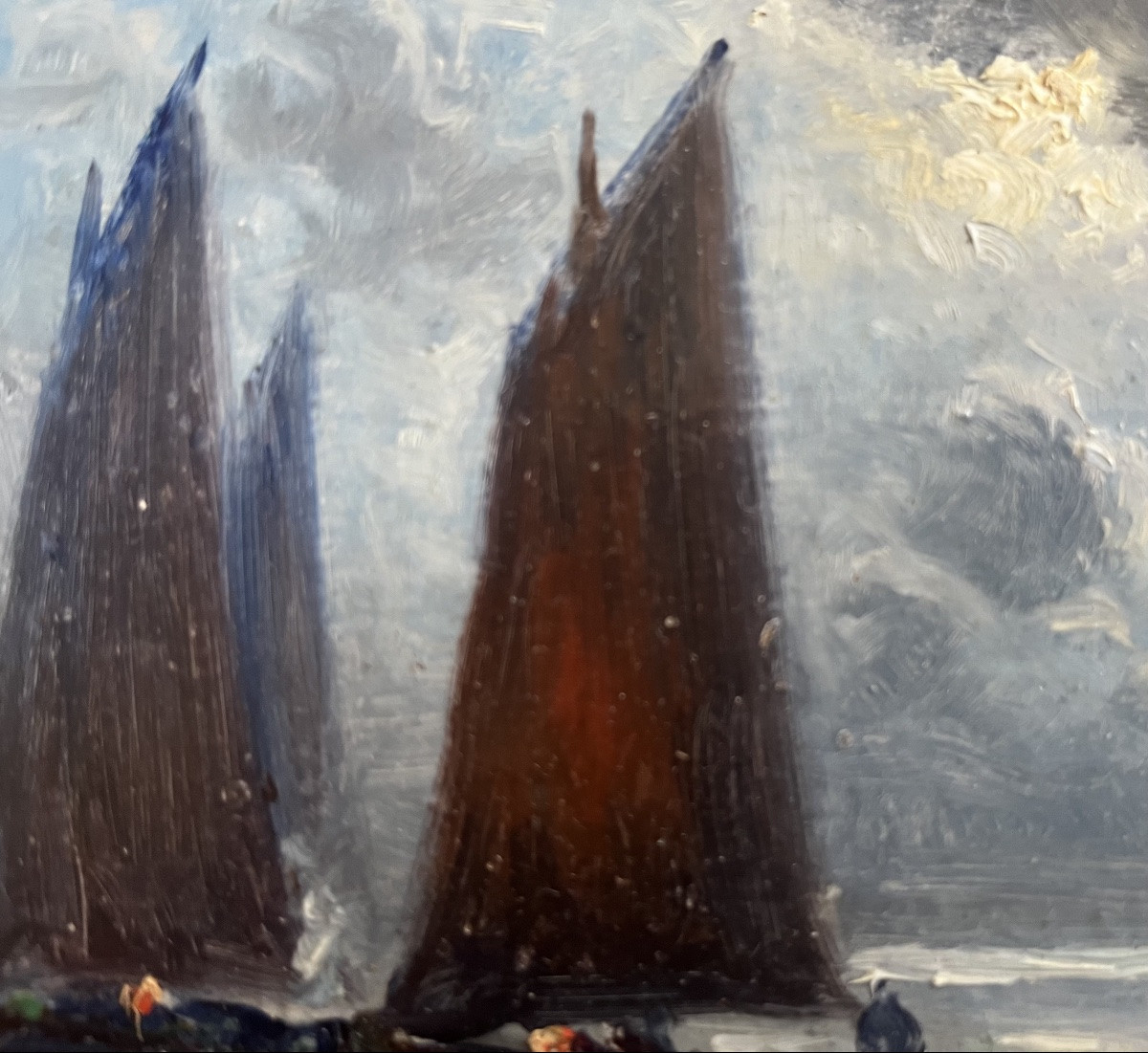 Tableau Marine Voiliers p&ecirc;cheurs Au Clair De Lune Peinture Sign&eacute;e Gaston Corbier  ( 1869-1945 )-photo-2