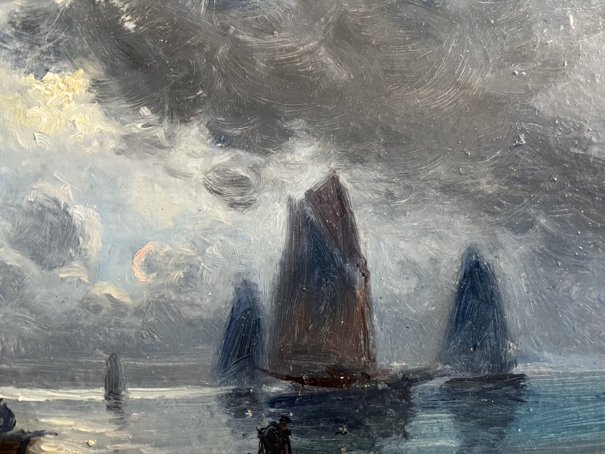 Tableau Marine Voiliers p&ecirc;cheurs Au Clair De Lune Peinture Sign&eacute;e Gaston Corbier  ( 1869-1945 )-photo-3