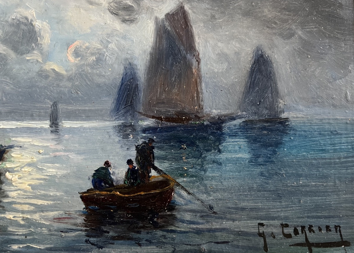 Tableau Marine Voiliers p&ecirc;cheurs Au Clair De Lune Peinture Sign&eacute;e Gaston Corbier  ( 1869-1945 )-photo-4