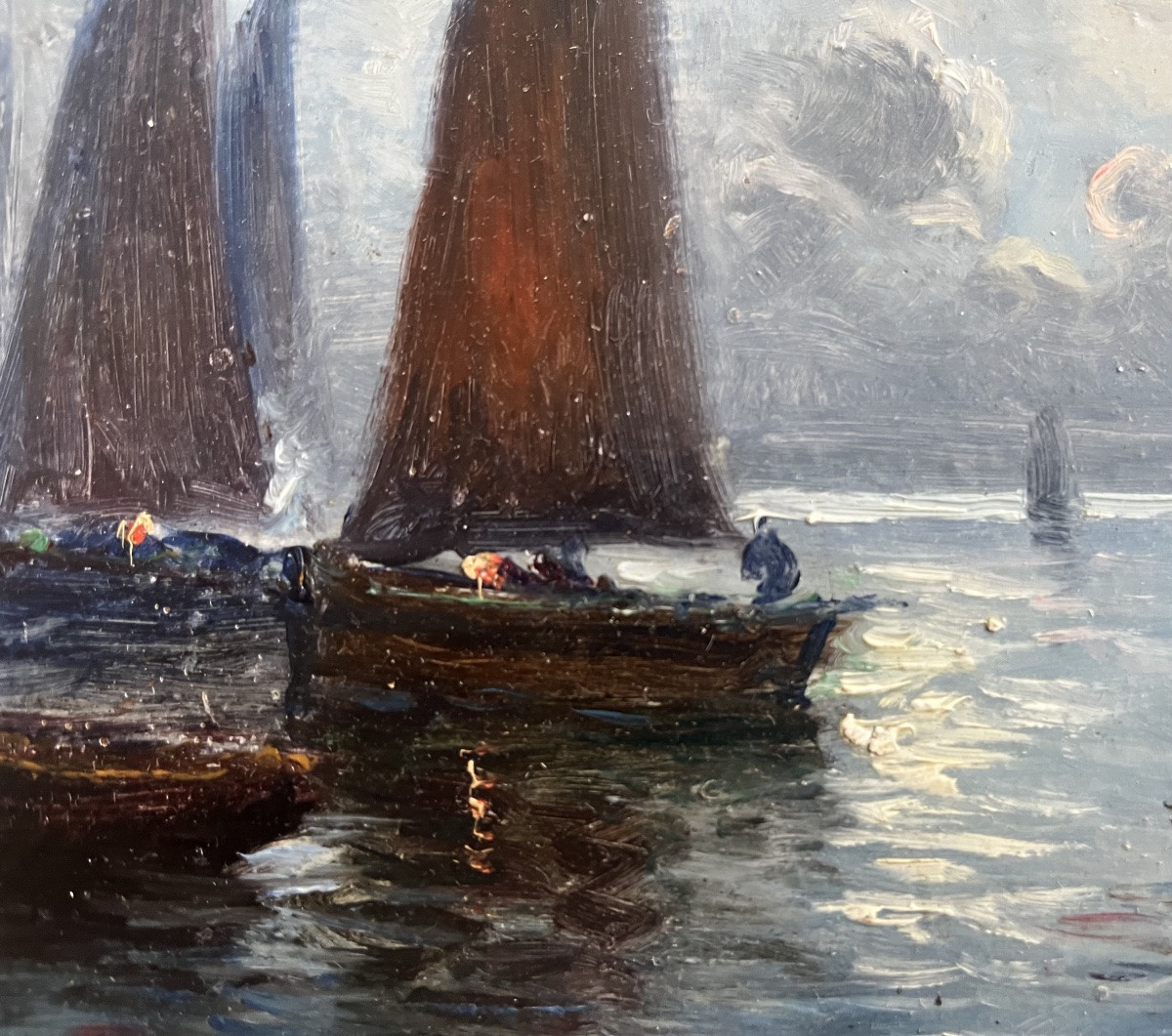 Tableau Marine Voiliers p&ecirc;cheurs Au Clair De Lune Peinture Sign&eacute;e Gaston Corbier  ( 1869-1945 )-photo-5