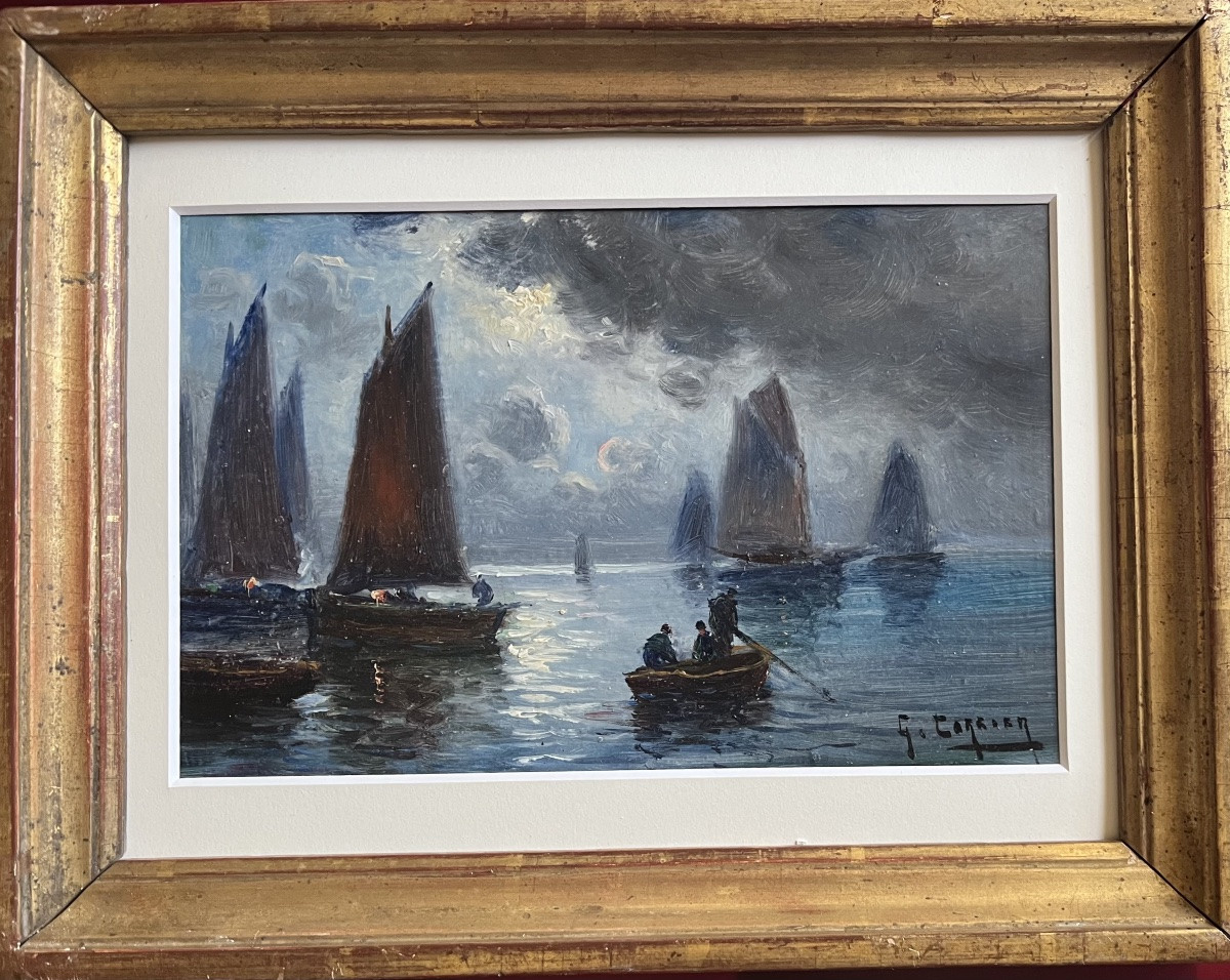 Tableau Marine Voiliers p&ecirc;cheurs Au Clair De Lune Peinture Sign&eacute;e Gaston Corbier  ( 1869-1945 )-photo-6