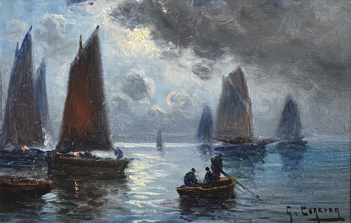 Tableau Marine Voiliers p&ecirc;cheurs Au Clair De Lune Peinture Sign&eacute;e Gaston Corbier  ( 1869-1945 )