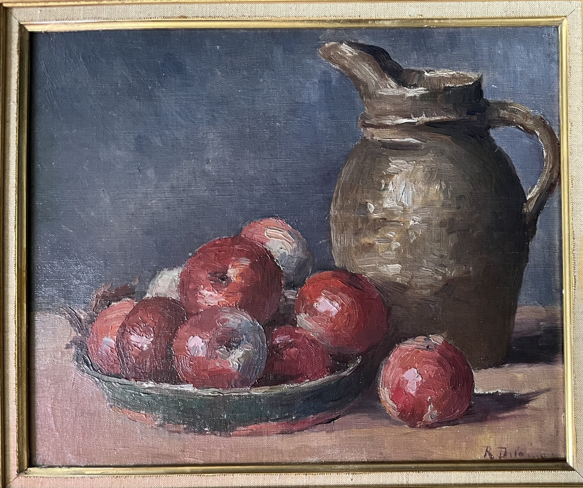 Tableau Ancien Nature Morte Aux Pommes Rouges Peinture De René Delame 1861-1943-photo-1