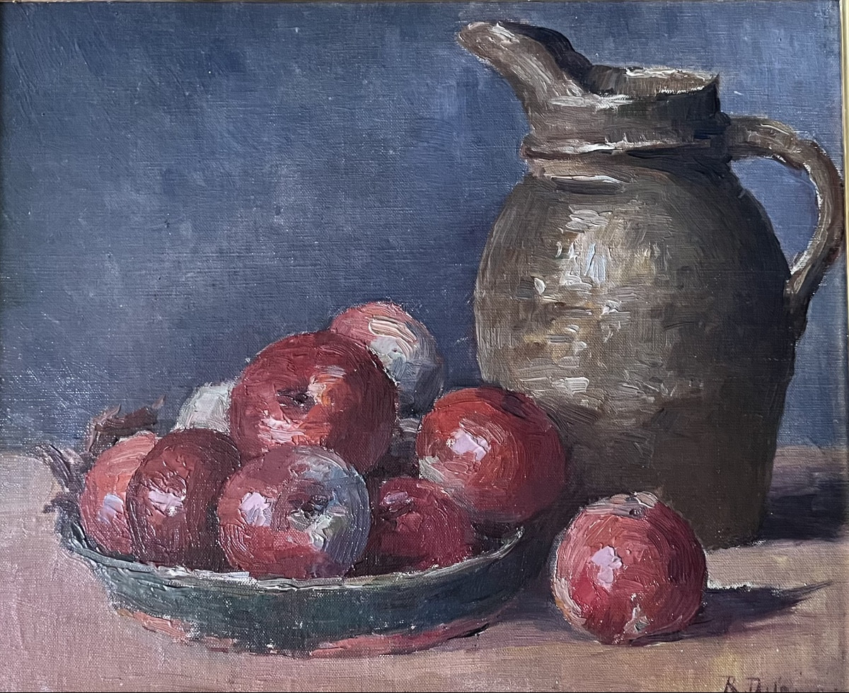 Tableau Ancien Nature Morte Aux Pommes Rouges Peinture De René Delame 1861-1943