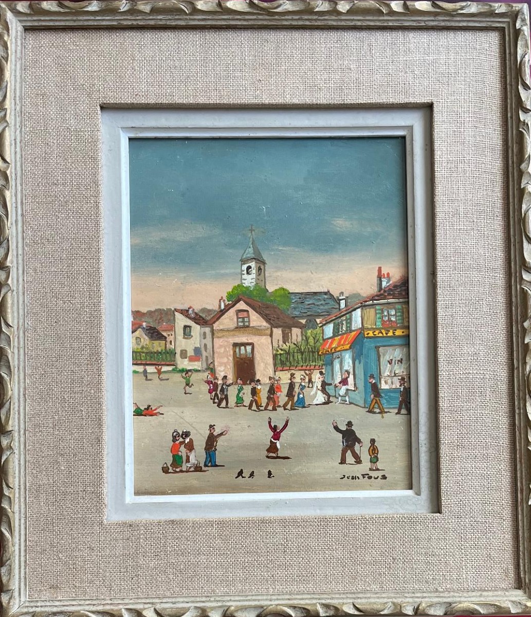 Tableau &eacute;cole Na&iuml;ve Fran&ccedil;aise La C&eacute;r&eacute;monie De Mariage Peinture Sign&eacute;e Jean Fous 1901-1971-photo-2