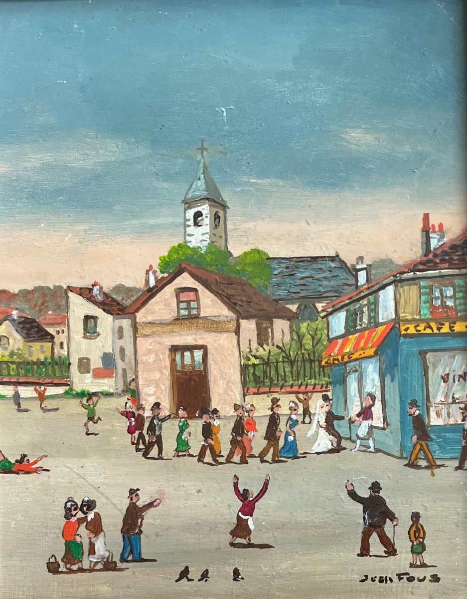 Tableau &eacute;cole Na&iuml;ve Fran&ccedil;aise La C&eacute;r&eacute;monie De Mariage Peinture Sign&eacute;e Jean Fous 1901-1971-photo-1