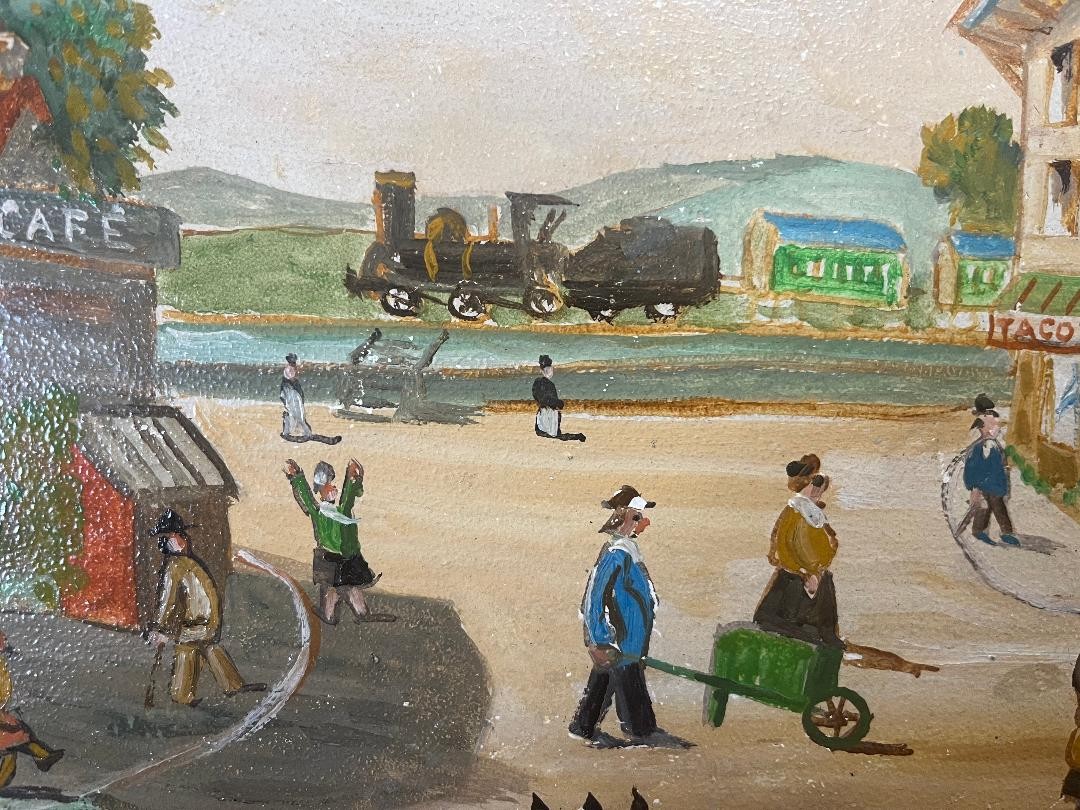 Naive Painting Village With A Large Café And A Little Train Naive Painting Signed Jean Fous 1901-1971 -photo-1