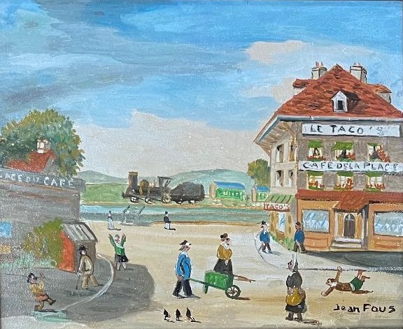 Naive Painting Village With A Large Café And A Little Train Naive Painting Signed Jean Fous 1901-1971 