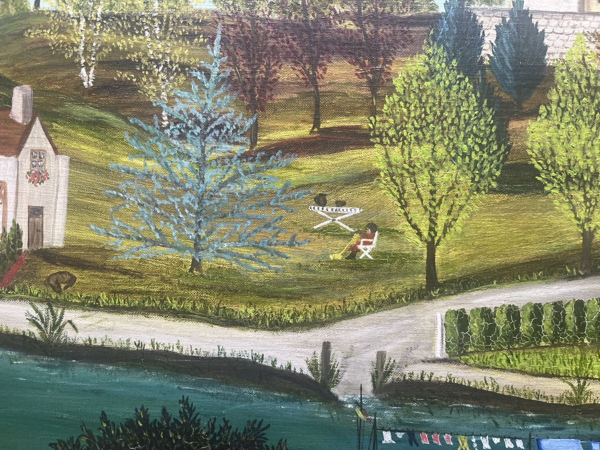 Tableau naïf guinguette village couple au bord de l’eau peinture naïve signée Deny Laure-photo-2