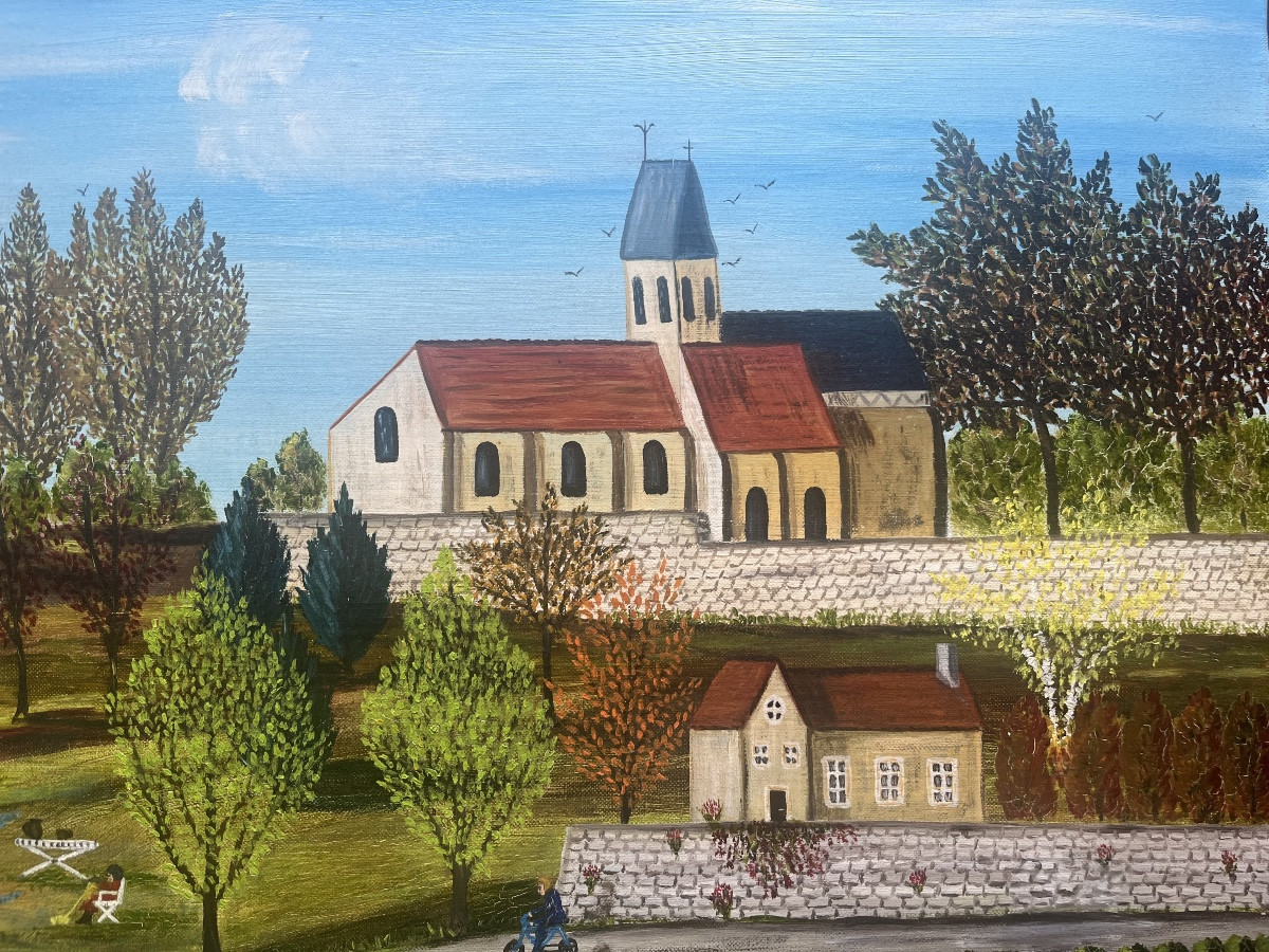 Tableau naïf guinguette village couple au bord de l’eau peinture naïve signée Deny Laure-photo-6