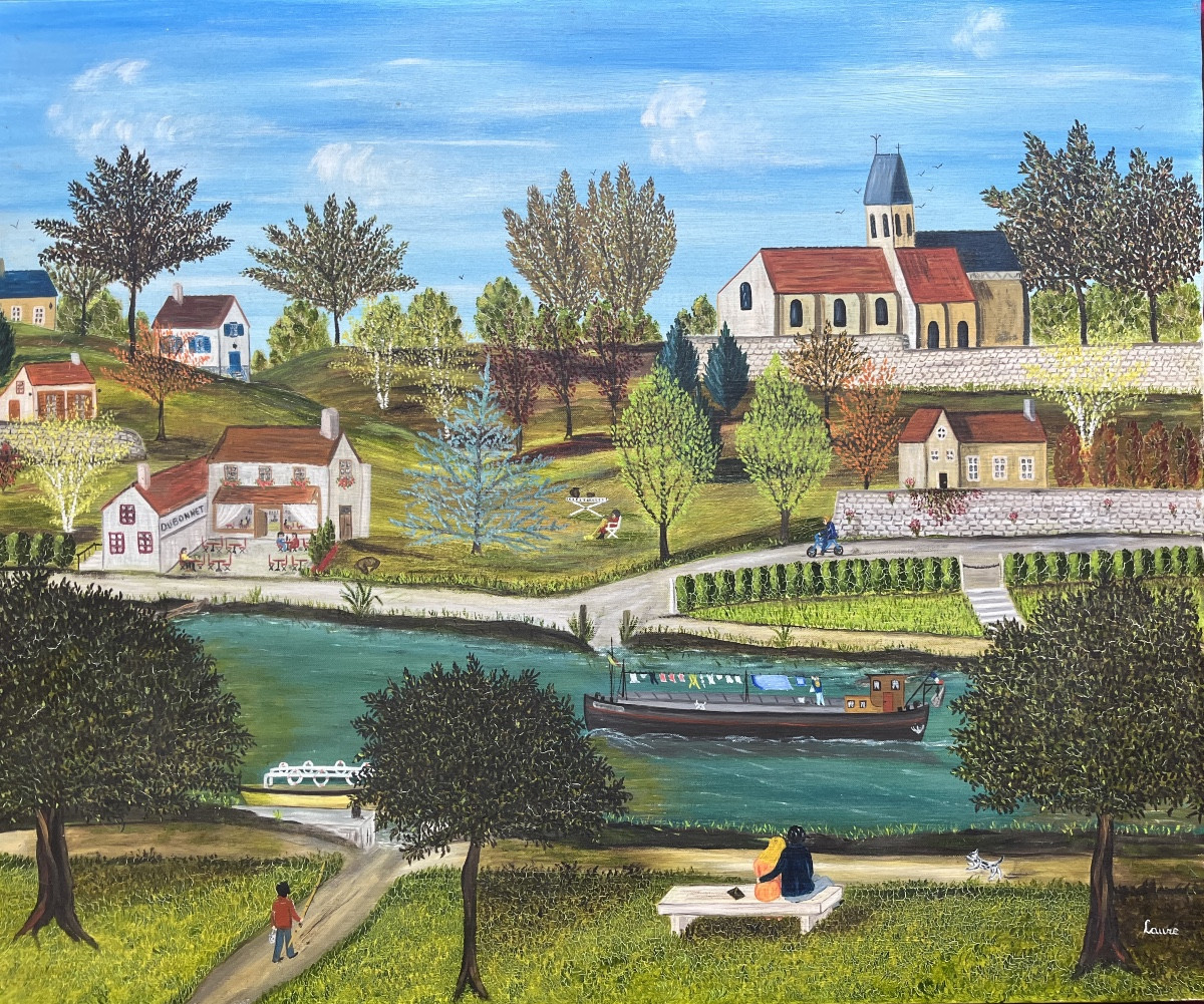 Tableau naïf guinguette village couple au bord de l’eau peinture naïve signée Deny Laure