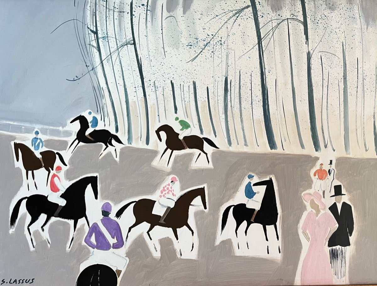 Tableau les chevaux de course avant le départ peinture signée Serge Lassus  né en 1933-photo-2
