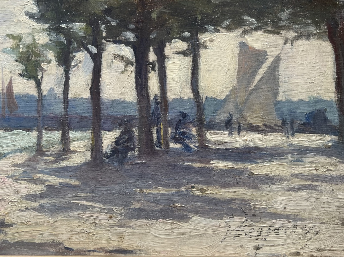 Tableau ancien impressionniste bord de mer voiliers peinture signée Emilie Desjeux 1861-1957-photo-3