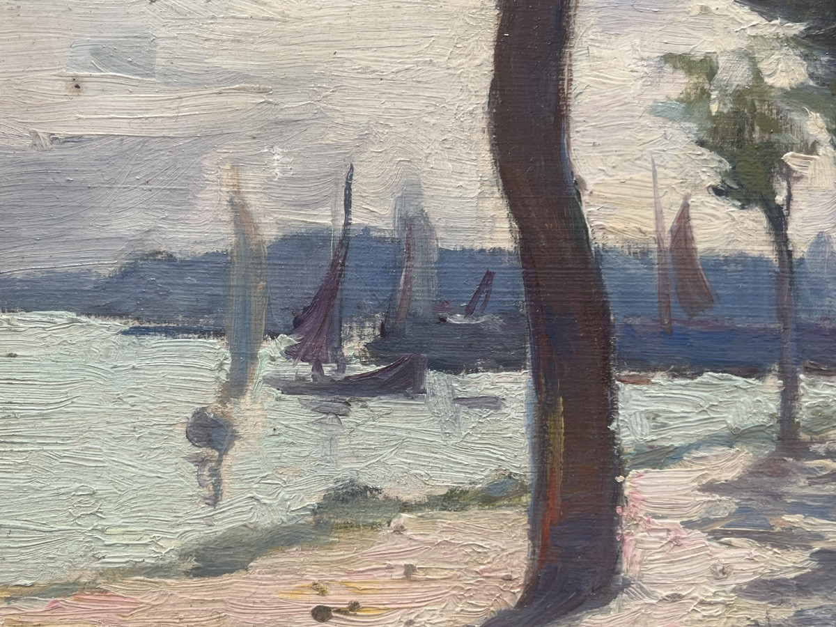 Tableau ancien impressionniste bord de mer voiliers peinture signée Emilie Desjeux 1861-1957-photo-3