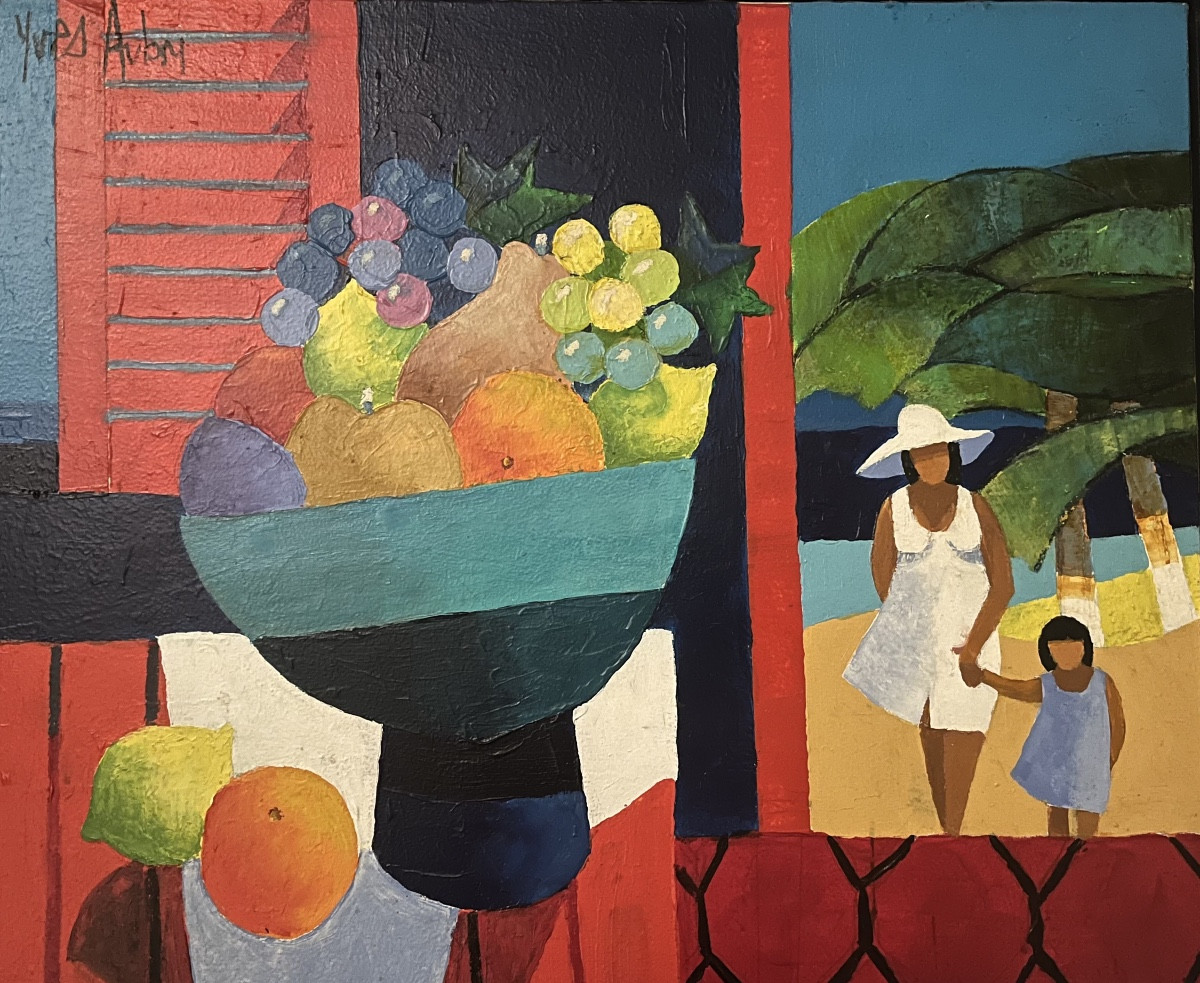 Tableau expressionniste nature morte à la fenêtre ouverte peinture signée Yves Aubry