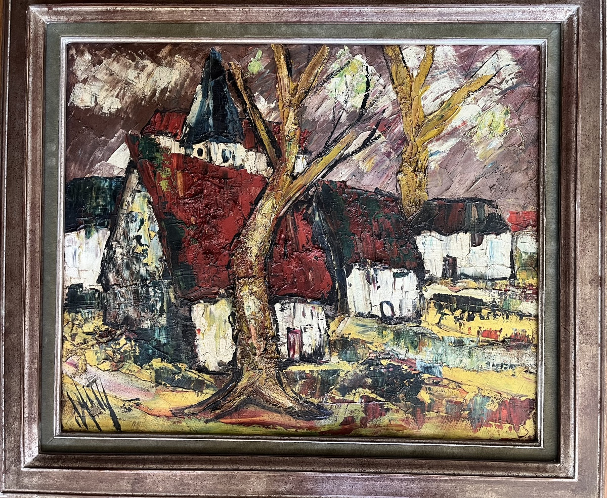 Tableau ancien expressionniste &eacute;cole de Paris les toits rouges peinture sign&eacute;e Henri D&rsquo;Anty-photo-2