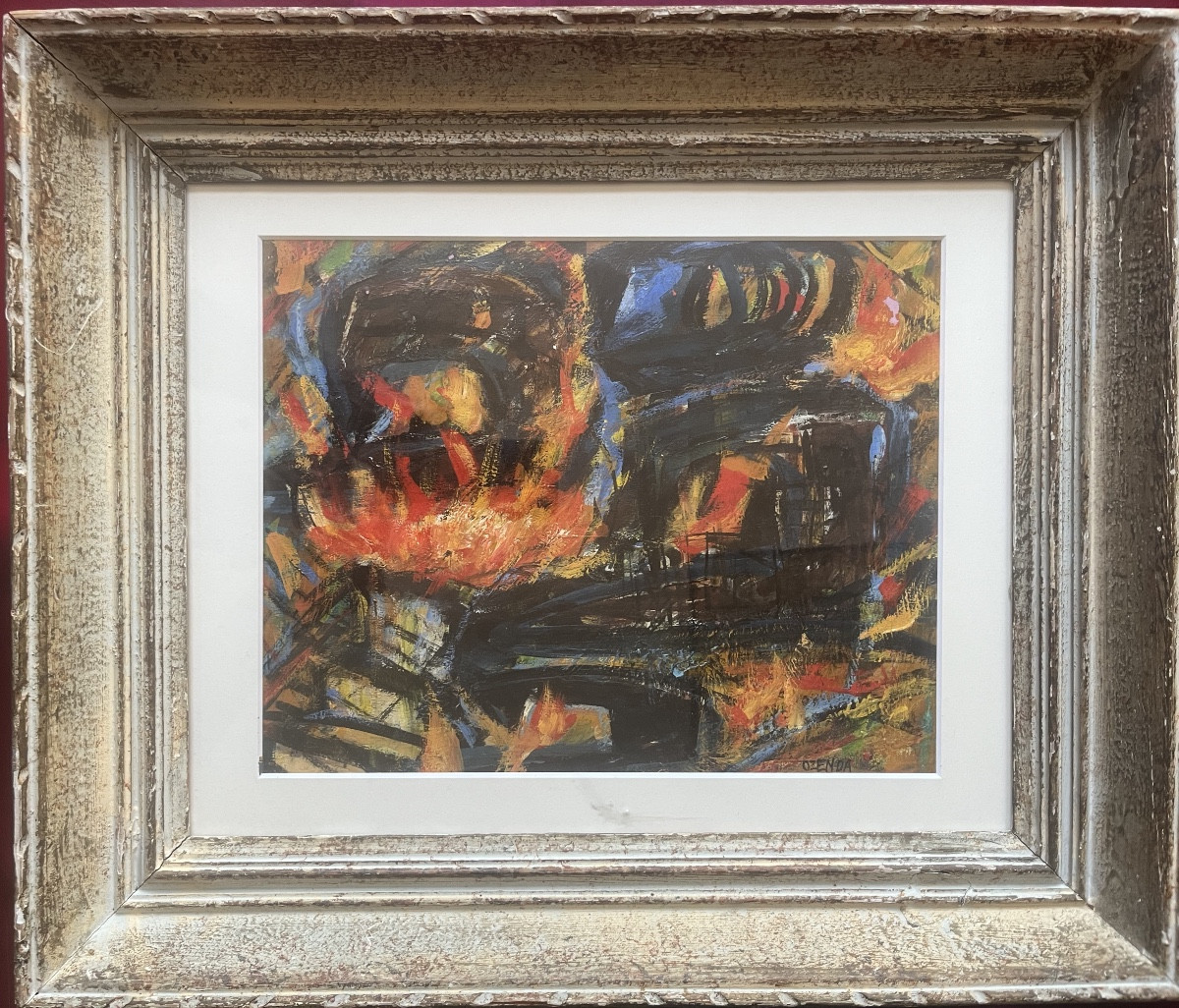 Tableau abstrait art brut  cadre Montparnasse peinture sign&eacute;e Fran&ccedil;ois Ozenda 1923-1976-photo-2