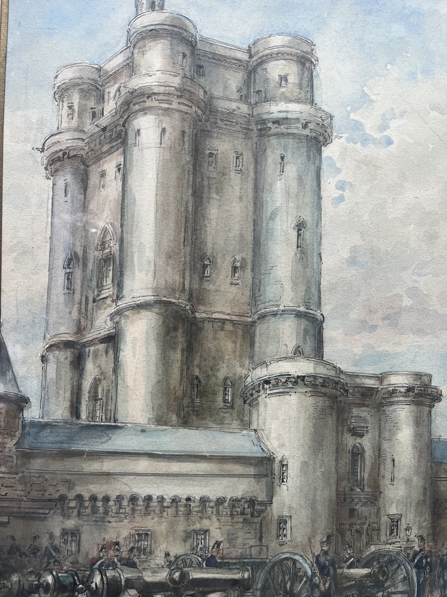 Painting Of The Dungeon Of The Vincennes Castle Militaria Watercolor 19th Century Signed Georges Tiret-bognet-photo-2