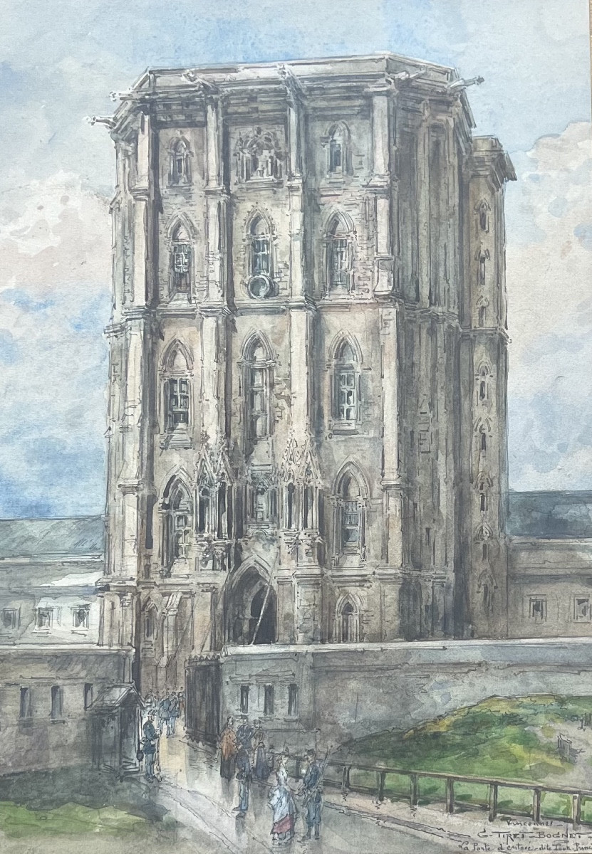 Tableau Tour principale château de Vincennes Militaria aquarelle XIX èm de Georges Tiret-Bognet