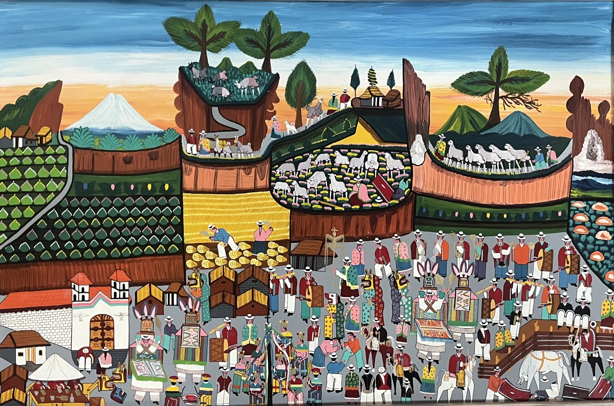 Tableau art naïf Amérique du Sud peinture naïve représentant une fête au Pérou.