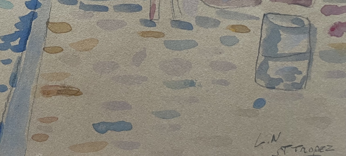 Pointillist Watercolor Painting Of The Sea In The Port Of St Tropez By Lucien Neuquelman 1909-1988-photo-2
