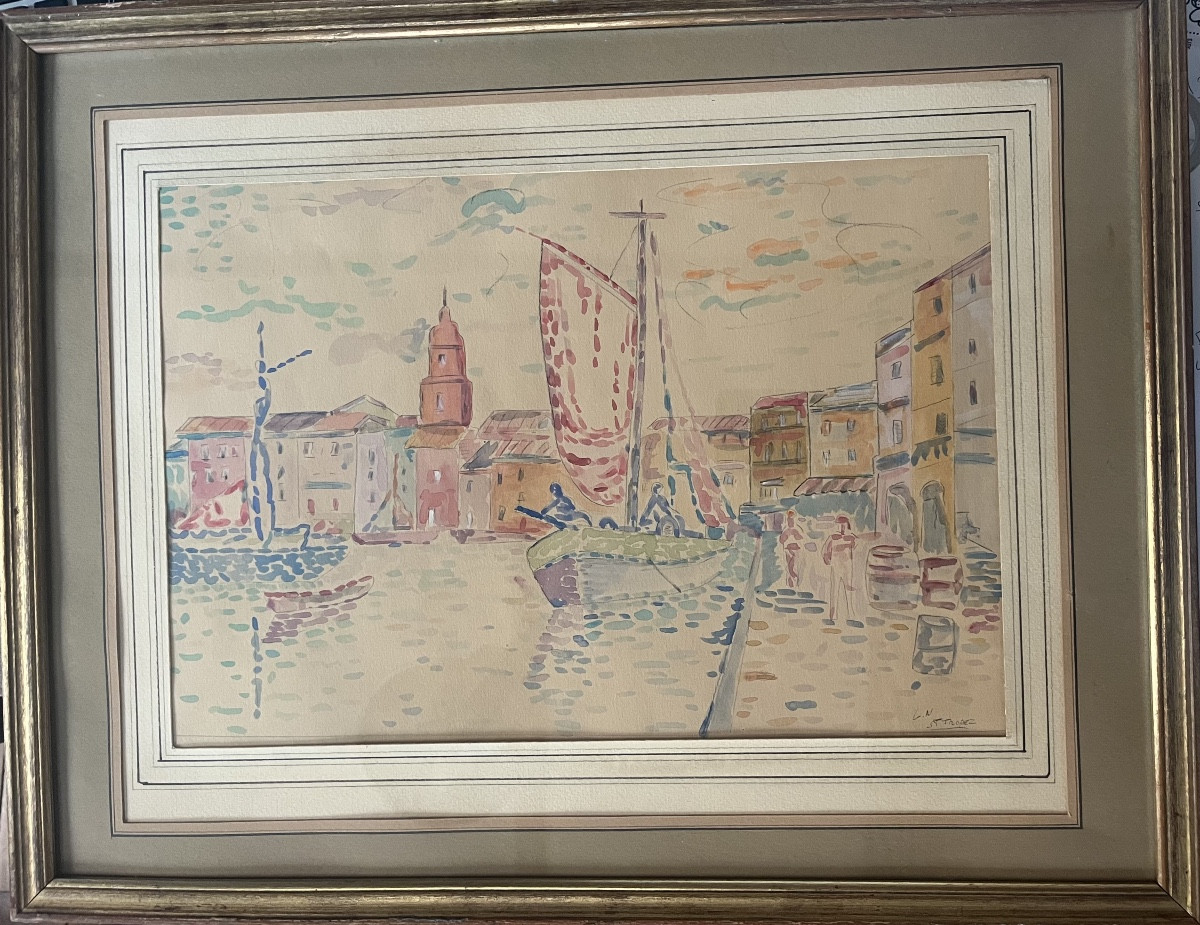 Pointillist Watercolor Painting Of The Sea In The Port Of St Tropez By Lucien Neuquelman 1909-1988-photo-3