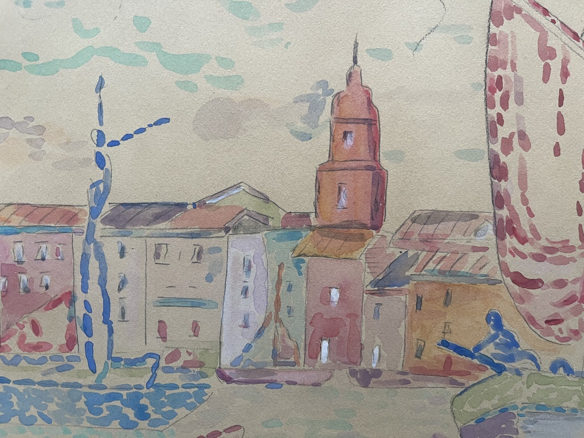 Pointillist Watercolor Painting Of The Sea In The Port Of St Tropez By Lucien Neuquelman 1909-1988-photo-4