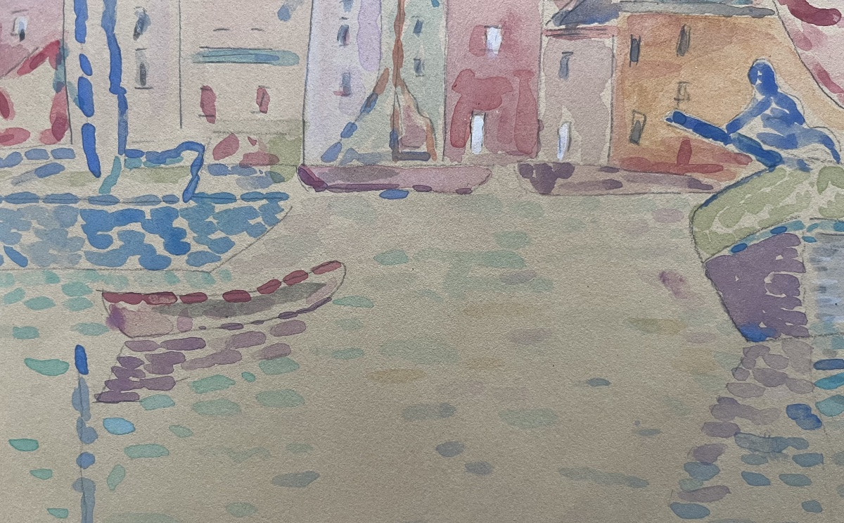 Pointillist Watercolor Painting Of The Sea In The Port Of St Tropez By Lucien Neuquelman 1909-1988-photo-4