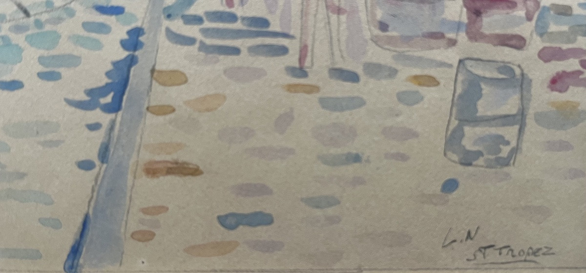 Pointillist Watercolor Painting Of The Sea In The Port Of St Tropez By Lucien Neuquelman 1909-1988-photo-5