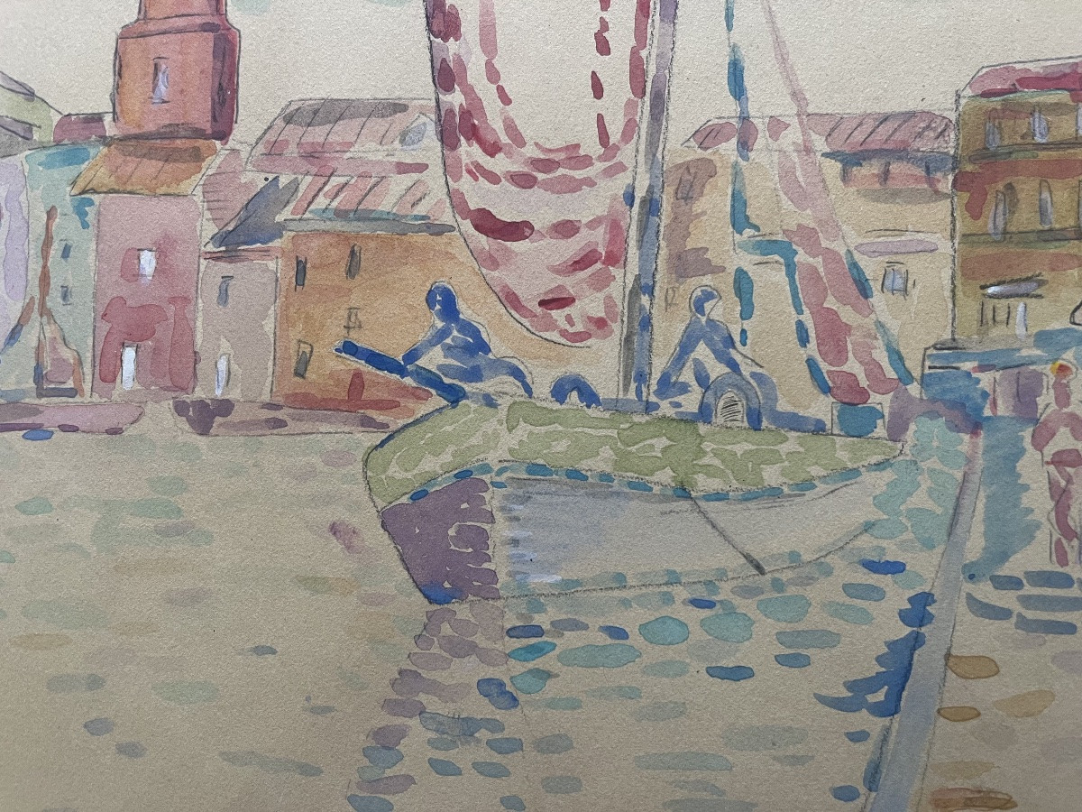 Pointillist Watercolor Painting Of The Sea In The Port Of St Tropez By Lucien Neuquelman 1909-1988-photo-6