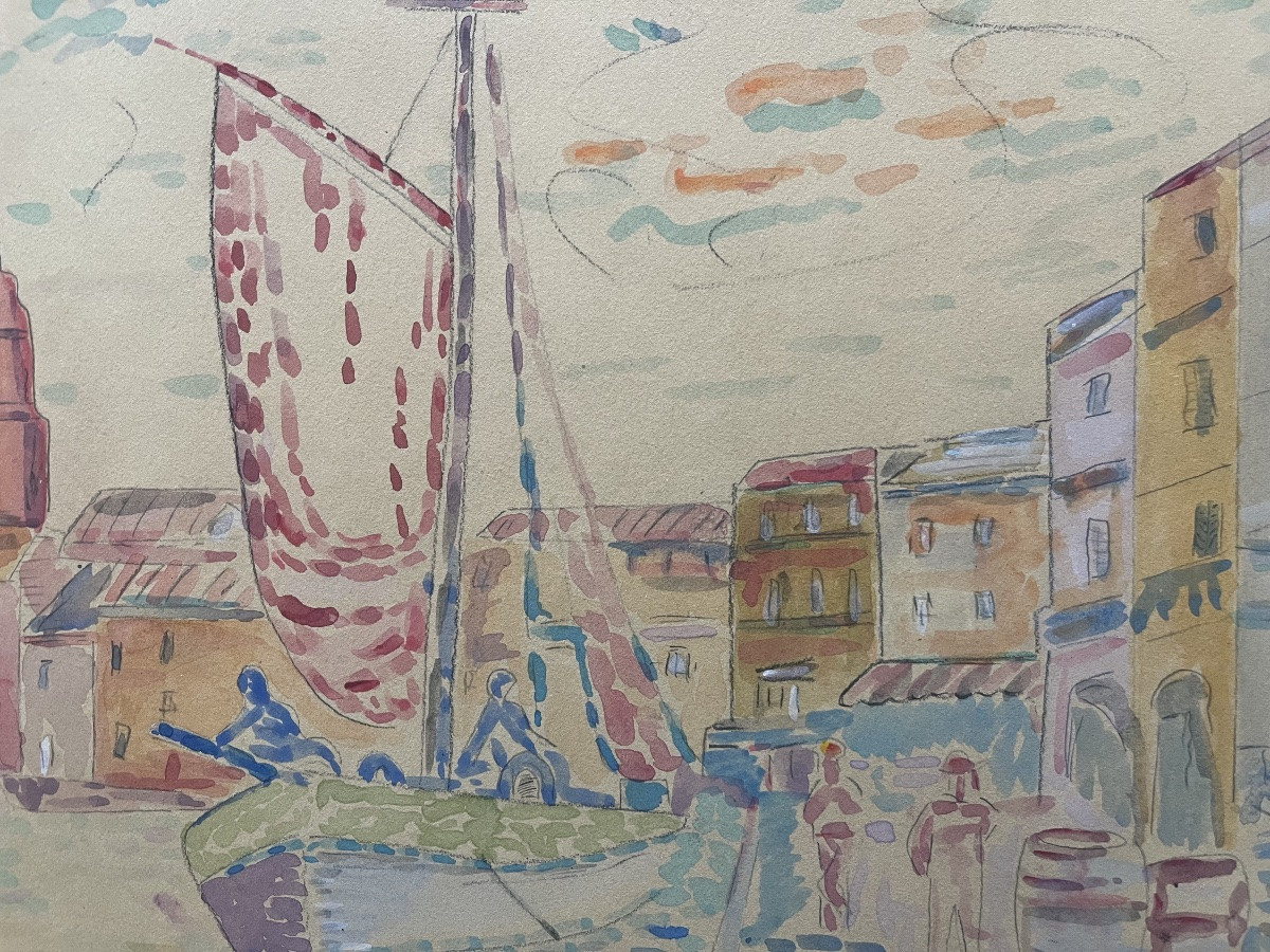 Pointillist Watercolor Painting Of The Sea In The Port Of St Tropez By Lucien Neuquelman 1909-1988-photo-7