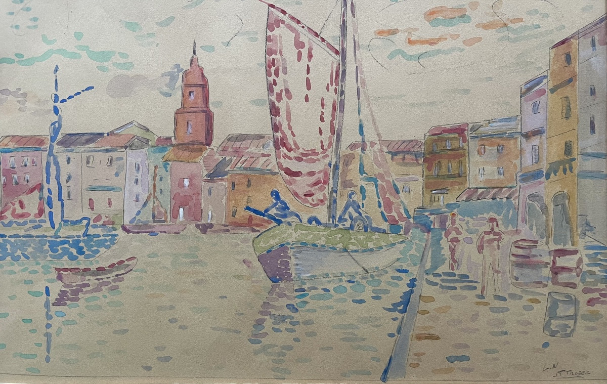 Pointillist Watercolor Painting Of The Sea In The Port Of St Tropez By Lucien Neuquelman 1909-1988