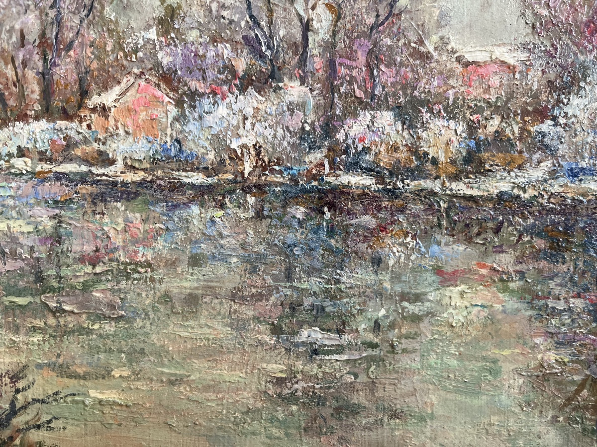 Tableau paysage de neige les bords de Marne peinture signée Henri Verbrugghe dit Henri Stenn-photo-4