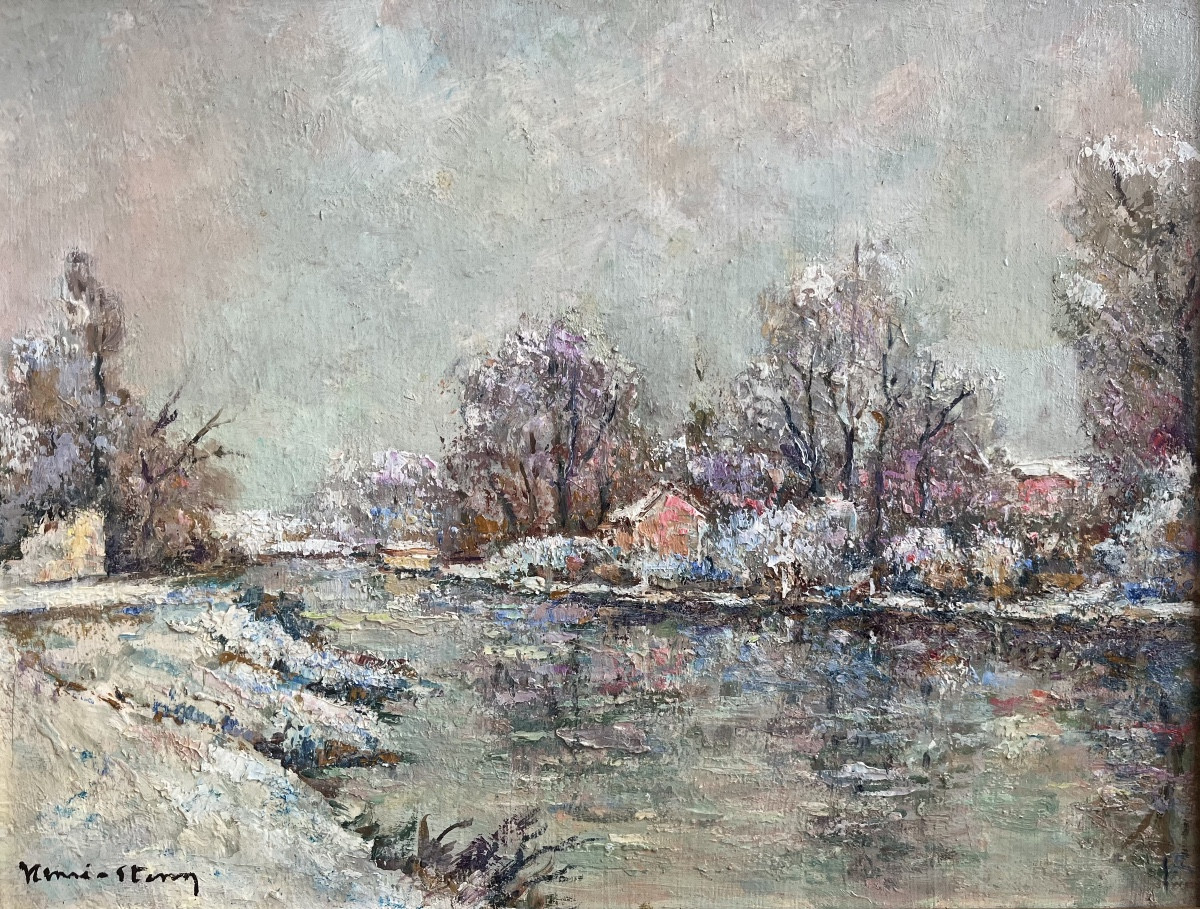 Tableau paysage de neige les bords de Marne peinture signée Henri Verbrugghe dit Henri Stenn