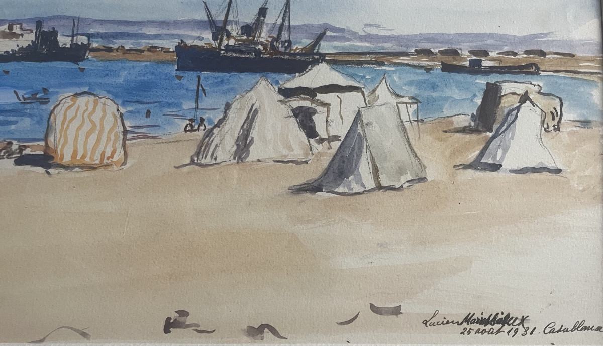 Tableau orientaliste marine Maroc Casablanca aquarelle signée et datée Lucien Mainssieux 1-photo-3